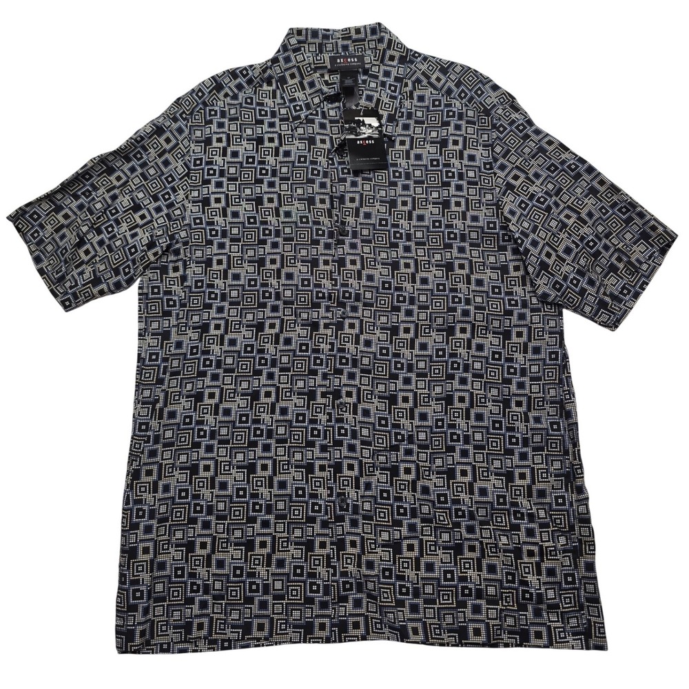 Axcess Claiborne Geometric Square Print Rayon Button Down Shirt Black Blue Men M